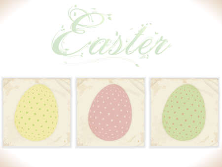 Three Vintage Square Panels with Printed Decorated Easter Eggs and Floral Text Backgroundのイラスト素材