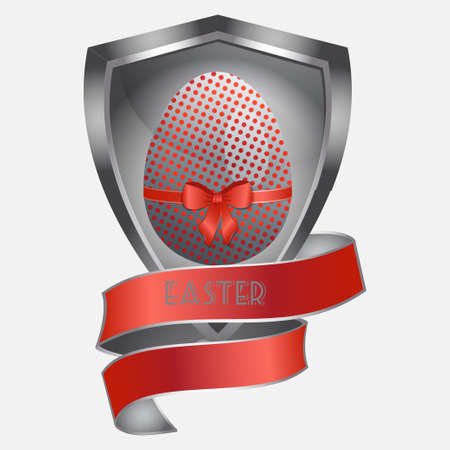 Red Metallic and Decorated Easter Egg Over Metallic Shield with Red Bannerのイラスト素材
