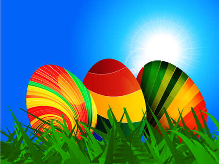 Colourful striped Easter eggs on Green Grass Over Blue Sunny Sky Landscape Backgroundのイラスト素材