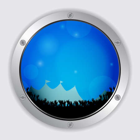 Festival Tends and Silhouette Crowd Over Dark Blue Glowing Sky in Metallic Border with Screwsのイラスト素材