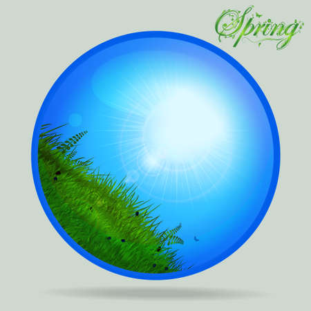 Glossy Glass Sphere with Sunny Sky and Grass with Floral Spring Textのイラスト素材