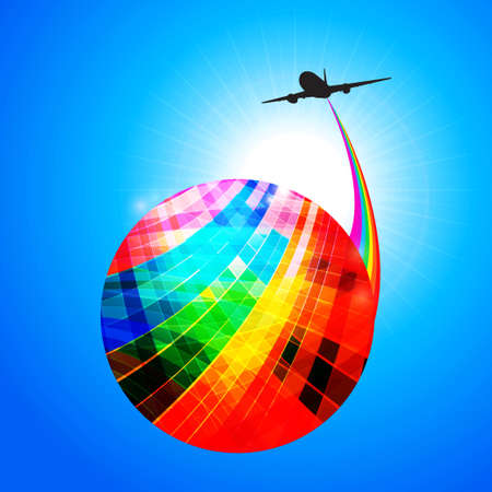 Multicoloured Striped Abstract Globe with Rainbow and Airplane Silhouette Over Blue Sunny Skyのイラスト素材