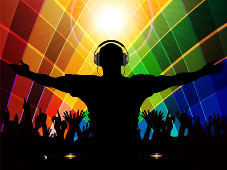 Silhouette of a DJ and Crowd with Record Decks Over Multicoloured Background with Lens Flaresのイラスト素材