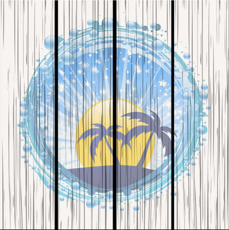 White Wood Panel with Water Bubble Border and Tropical Evening Sky With Palm Treesのイラスト素材