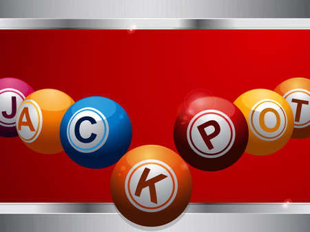 Bingo Lottery Balls Forming the Word Jackpot Over Deep Red Background with Metallic Frameのイラスト素材