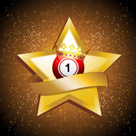 Red Bingo Lottery Ball Number 1 with Crown on Golden Star with Blank Banner Over Golden Star Burst Backgroundのイラスト素材
