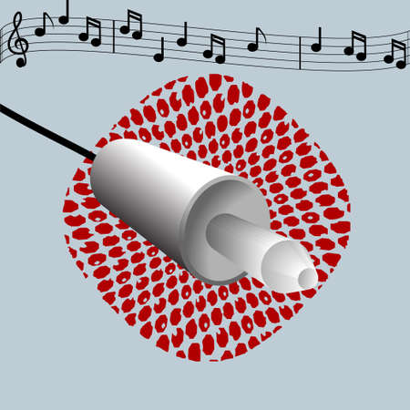 3D Illustration of Pin Jack with Cable Over Vintage Blue Background with Music Pentagram and Red Dotsのイラスト素材