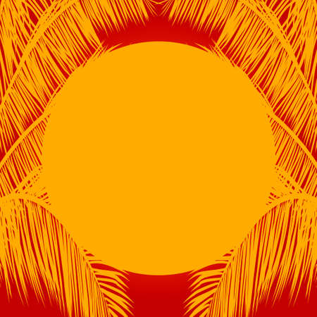 Yellow Sun and Pal Tree Silhouette Copy Space Over Red Backgroundのイラスト素材