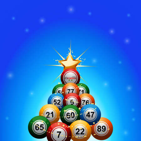 Christmas Tree made of Bingo Lottery Balls Decorated with Golden Star Over Blue Glowing Backgroundのイラスト素材