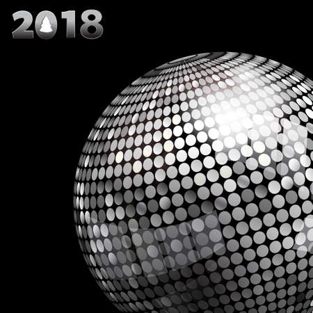 Illustration of silver disco ball and 2018 twenty eighteenth in silver numbers with tree on black background.のイラスト素材