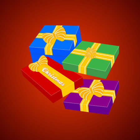 Christmas Gift Parcels with Ribbons and Bow Over Festive Red Backgroundのイラスト素材