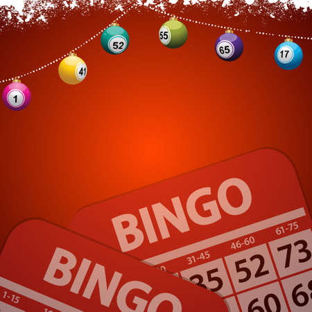 Festive Decorated Red Background Copy Space with Snow Christmas Bingo Lottery Baubles and Bingo Cardsのイラスト素材