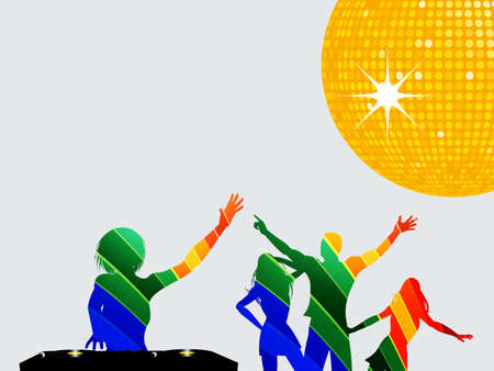Multicoloured Silhouettes of Female DJ with Records Deck and Dancing People Over Gray Background with Yellow Disco Ballのイラスト素材