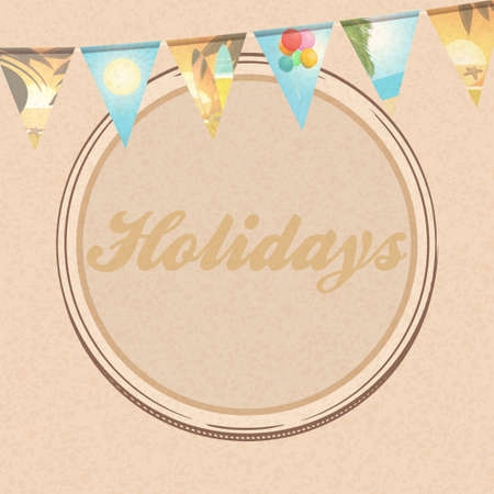Retro Brown Paper Background with Decorative Holidays Text in Hand drawn Circle and Holidays Themed Buntingのイラスト素材