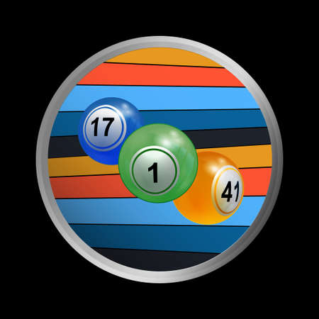 3D Illustration of a Trio Of Bingo Lottery Balls in Metallic Border with Coloured Stripes On Black Backgroundのイラスト素材