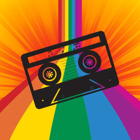 Black Vintage Silhouette of Music Tape Cassette with Notes Over Multicoloured Striped Backgroundのイラスト素材