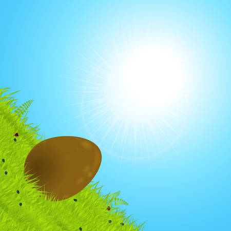 3D Illustration Of a Chocolate Easter Egg Rolling Down a Green Hill Over Sunny Blue Skyのイラスト素材