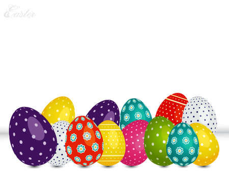 3D Illustration of Decorated Easter Eggs with Shadow and Decorative Text Over White Backgroundのイラスト素材
