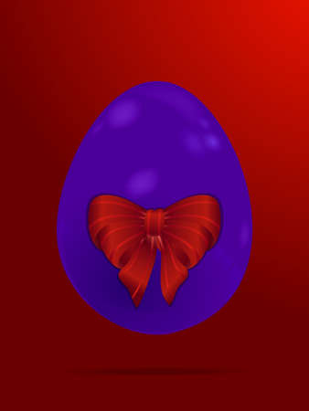 3D Illustration of a Purple Easter Egg with Red Big Bow and Shadow Over Red Gradient Backgroundsのイラスト素材
