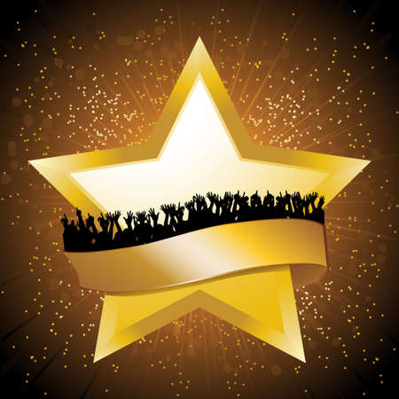 Golden Star With Blank Banner and Silhouette Crowd Over Golden Star Burst Backgroundのイラスト素材