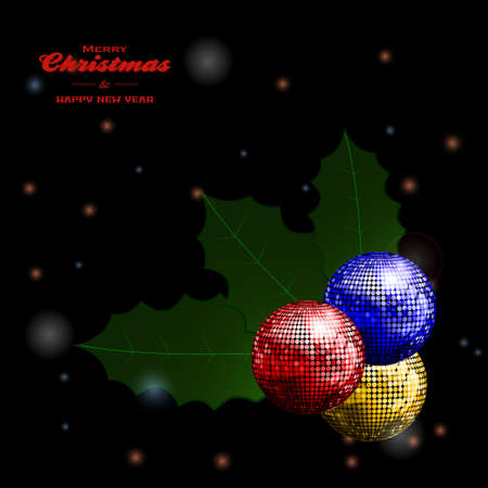 3D Illustration of Merry Christmas and Happy New Year Black Glowing Background with Decorative Text Disco Balls and Holly Leafsのイラスト素材