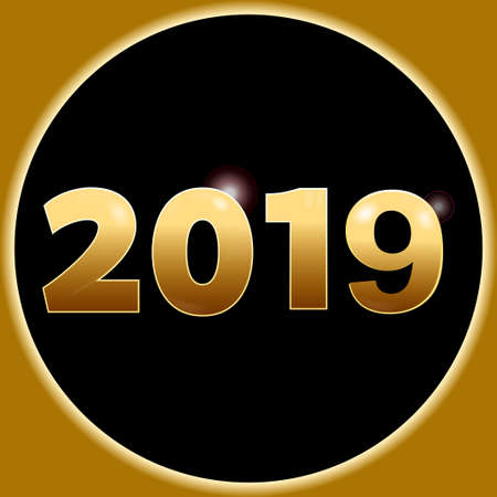 3D Illustration of New Year 2019 in Golden Numbers with Lens Flares and Lights Over Circular Black...