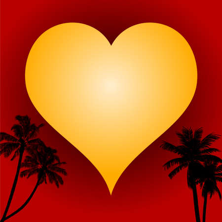 Valentine Yellow Love Heart Over Red Background with Tropical Palm Tree Silhouettesのイラスト素材