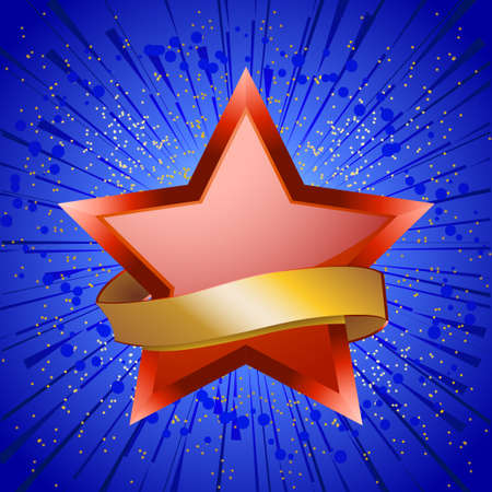 Red Star with 3D Details and Blank Golden Banner Over Blue Star Burst Backgroundのイラスト素材