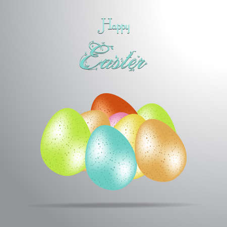 3D Illustration of Easter Eggs with Shadow and Decorative Happy Easter Text Over Gray Backgroundのイラスト素材