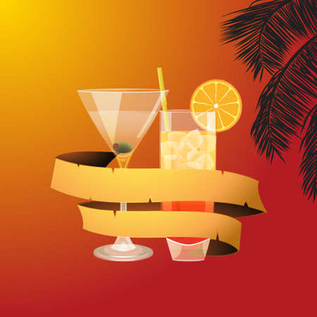 Summer Red and Yellow Background with Palm Tree Cocktails Drinks and Blank Bannerのイラスト素材