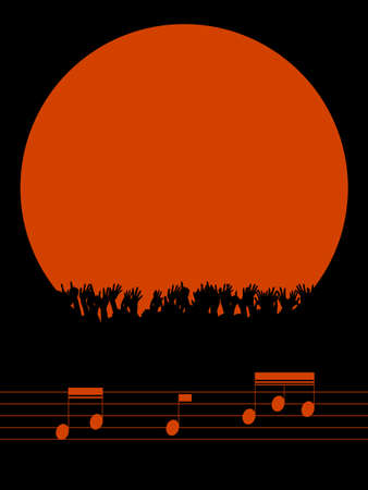 Music Festival or Party Red Border Copy Space with Cheering Crowd Silhouette Over Black Portrait Background with Music Notes on Pentagramのイラスト素材