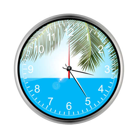 Vocational Summer Tropical Holidays Wall Clock With Palm Trees Sea and Lens Flares Over White Backgroundのイラスト素材