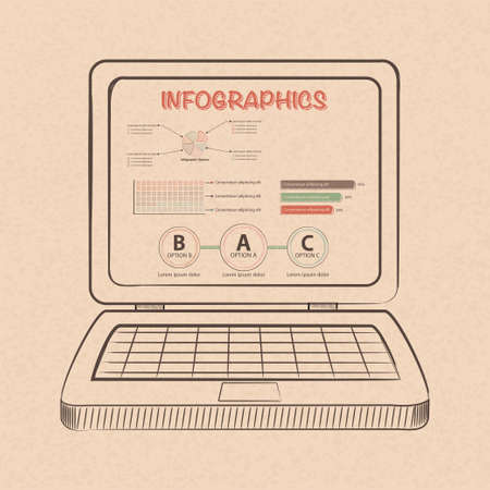 Hand Drawn Style Infographic With Options and Details Displaying on a Laptop Computer Over Brown Paper Backgroundのイラスト素材