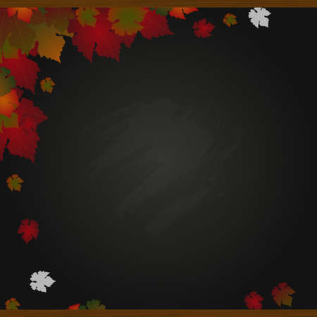 Autumn Season Background Copy Space Black Board With Red and Green Leafs Corner Border and Wooden Top and Bottom Frameのイラスト素材