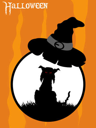 Black Silhouette Of a Spooky Cat With Red Eyes On Circular White Border With Witch Hat Over Orange and Yellow Background With Halloween Decorative Textのイラスト素材
