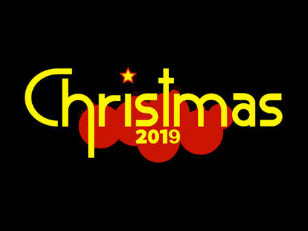 Black Christmas Background With Red Silhouette Of Christmas Baubles And Original Decorative Text 2019 With Starのイラスト素材