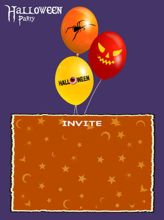Halloween; Purple Background With Blank Invite Party Card With Bats Spiders Moon And Stars And Balloons Decorated With Spider Text And Creepy Faceのイラスト素材