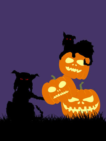 Hand Drawn Halloween Illustration Of Two Spooky Feral Cats Silhouette And Pile Of Pumpkins On Grass Over Purple Backgroundのイラスト素材