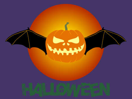 Hand Drawn Halloween Evil Pumpkin With Bat Wings Over Blood Moon On Purple Background With Decorative Green Textのイラスト素材