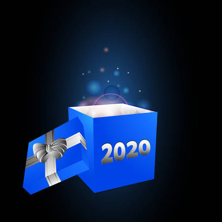 3D Illustration Of New Years Blue Gift Box With Ribbon Bow And 2020 Date With Glowing Matter Coming Out Of It Over Black And Blue Backgroundのイラスト素材