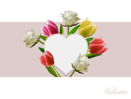 White Heart Copy Space Blank Card Over Roses And Tulips Flowers On A Rectangular Panel And White Background With Decorative Textのイラスト素材