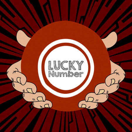 Hand Drawn Pair Of Hands Holding A Red Bingo Lottery Ball With Lucky Number Decorative Text Over Red And Black Textured Backgroundのイラスト素材