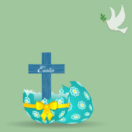 Wooden Blue Cross With Easter Decorative Text Coming Out From Broken Decorated Easter Egg With Yellow Bow And Ribbon Over Light Green Background With White Dove Holding An Olive Branchのイラスト素材