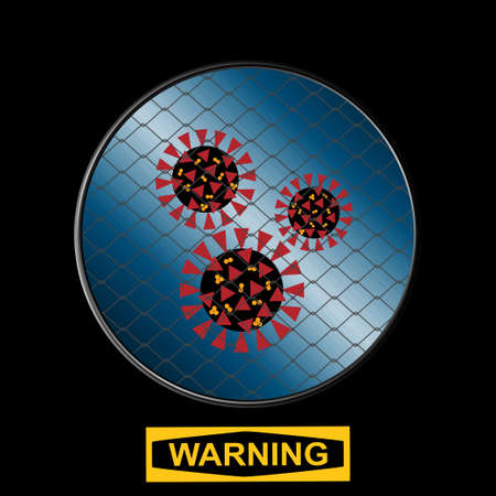 Molecule Of Virus Contained With Metallic Net Inside Circular Border Over Black Background With Yellow Warning Signのイラスト素材
