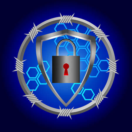 Cyber Security Background With Metallic Circular Border With Barbwire Shield And Padlock With Red Key Hole Over Dark Blueのイラスト素材