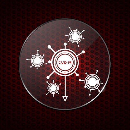 White Abstract Covid19 Molecules Logo Contained Into Circular Metallic Border With Lens Over Red Honeycomb Backgroundのイラスト素材