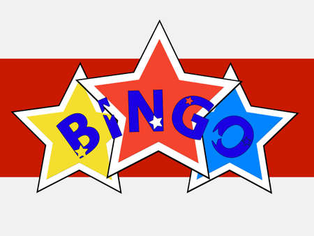 Bingo Decorative Text Over Trio Of Stars On Red Panel And White Background