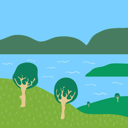 Nature Minimalistic Abstract Countryside View With Trees Mountains Hills And Lake Hand Drawn Backgroundのイラスト素材