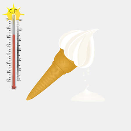 Illustration Of A Vanilla Ice Cream Cone Melting Over White Background With Thermometer Signing 31 Degree Celsius And 91 Degree Fahrenheitのイラスト素材
