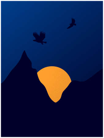 Sunset Dark Blue Silhouette Of Mountains And Sky With Big Yellow Sun Background With Silhouettes Of Eagles Flyingのイラスト素材
